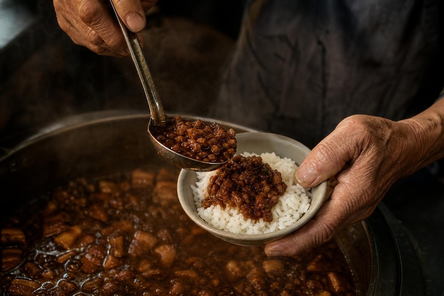 湯杓將肉燥淋在白飯上
